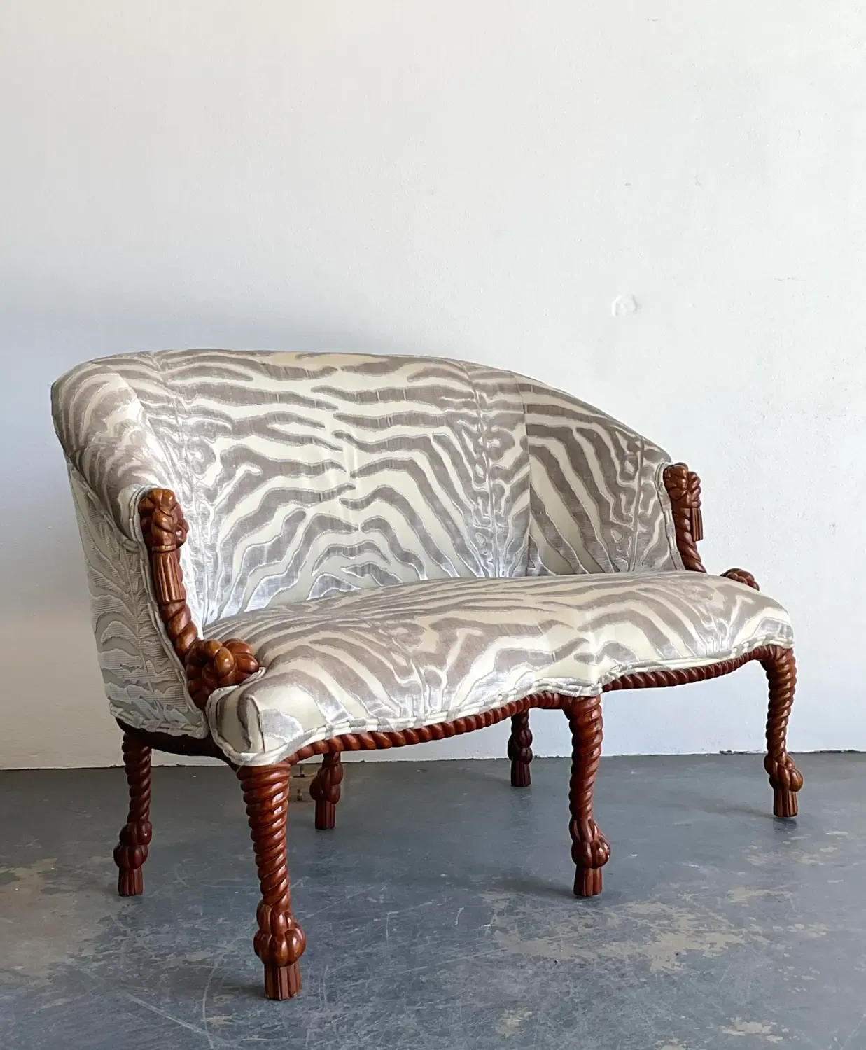 Vintage Carved Rope and Knot Loveseat in Scalamandre Tiger Devore — additional photo 2