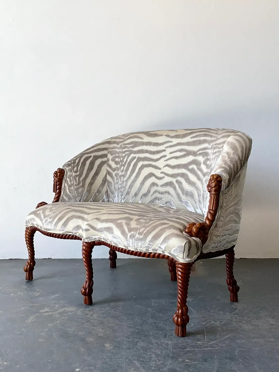 Vintage Carved Rope and Knot Loveseat in Scalamandre Tiger Devore — additional photo 3