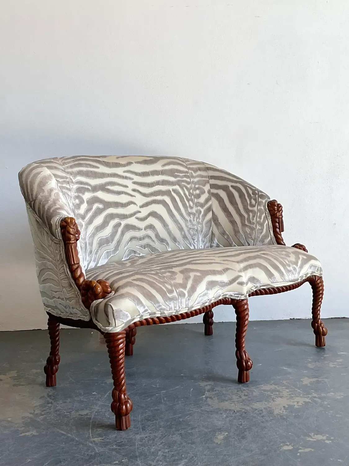 Vintage Carved Rope and Knot Loveseat in Scalamandre Tiger Devore — additional photo 4