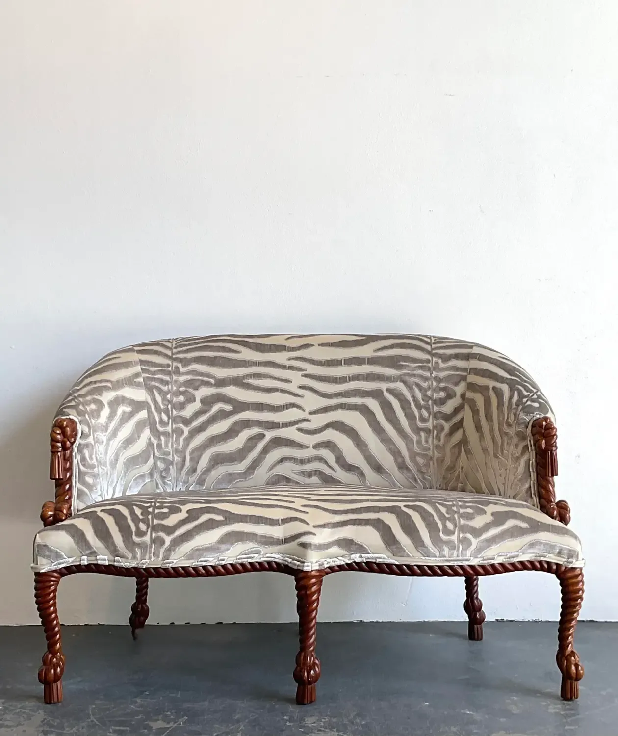 Vintage Carved Rope and Knot Loveseat in Scalamandre Tiger Devore — additional photo 5