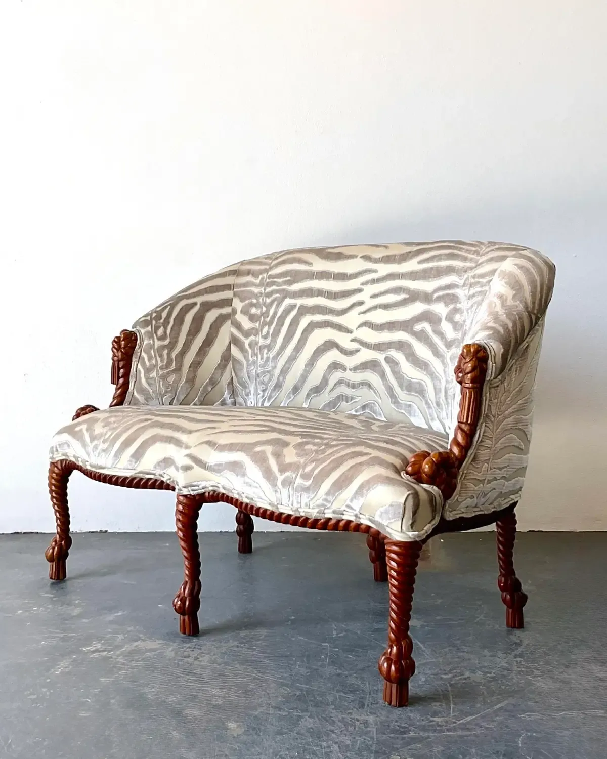 Vintage Carved Rope and Knot Loveseat in Scalamandre Tiger Devore — additional photo 7