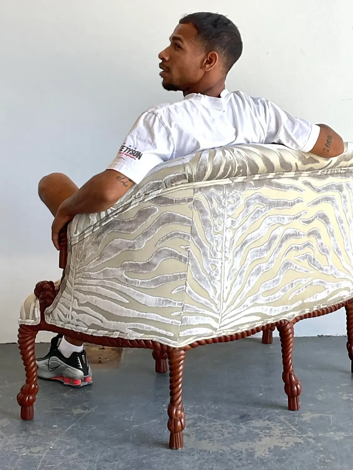 Vintage Carved Rope and Knot Loveseat in Scalamandre Tiger Devore — additional photo 8