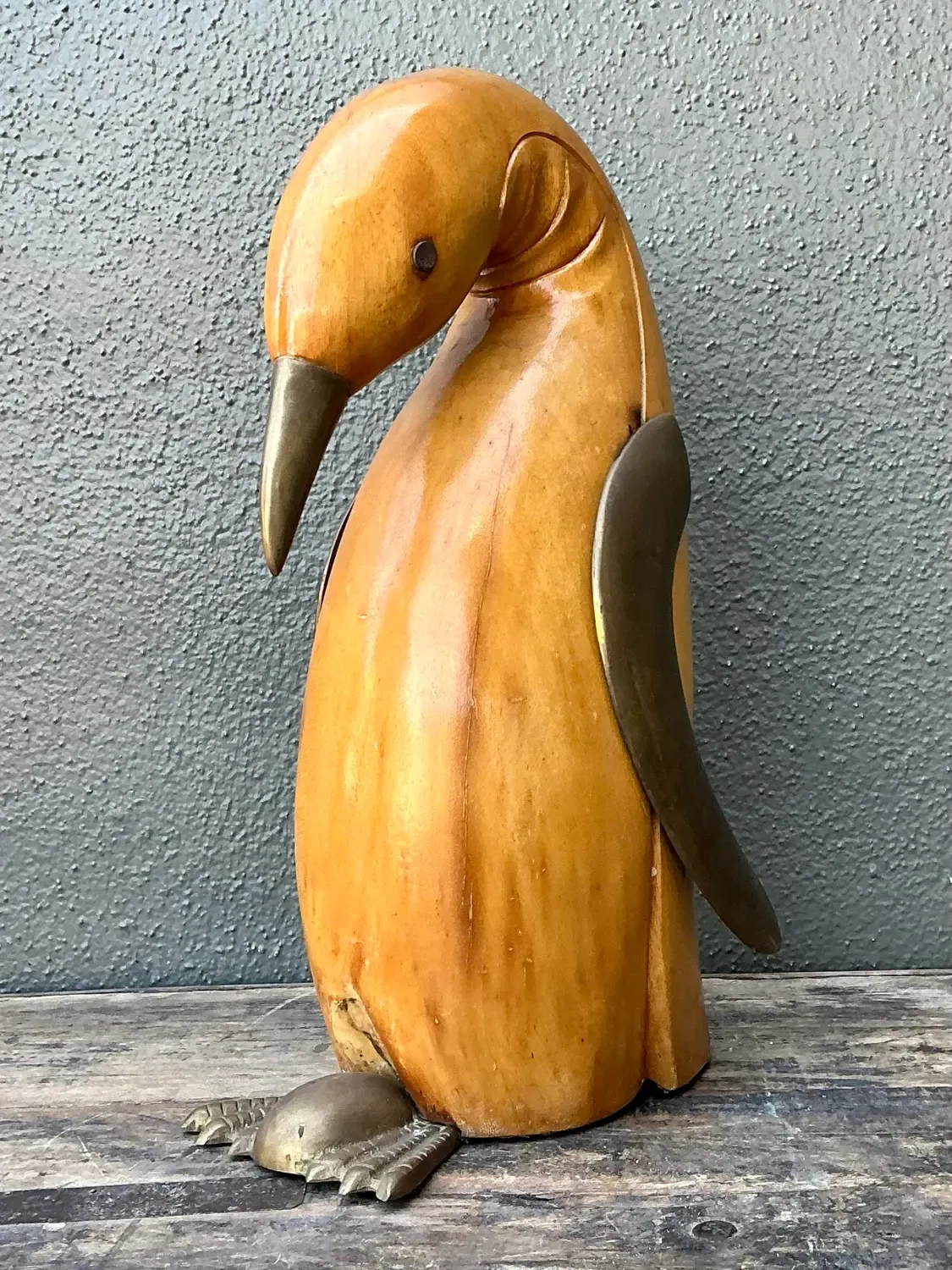 Vintage Carved Wood and Brass Penguin — additional photo 3