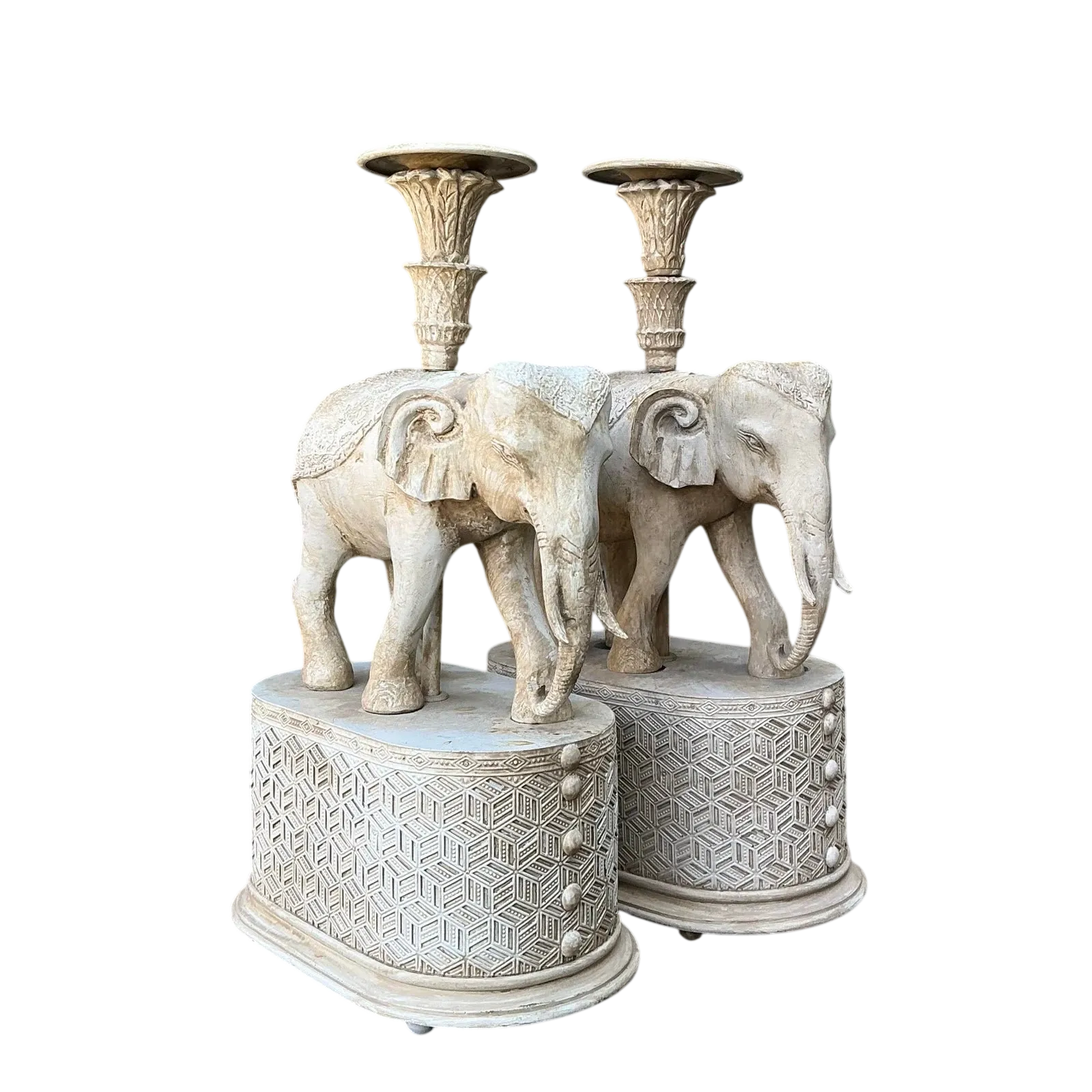 Vintage Carved Wood Elephant Candlesticks - A Pair