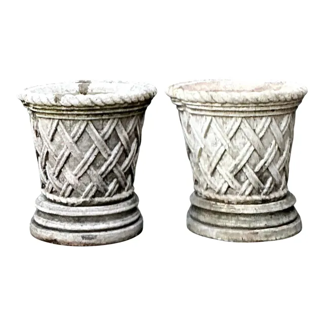 Vintage Cast Concrete Trellis Planters on Pedestals - A Pair — additional photo 1