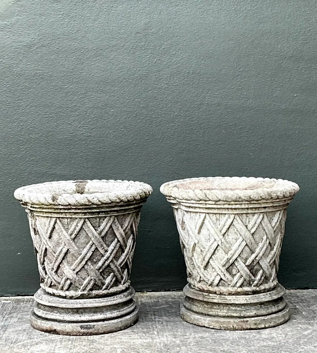 Vintage Cast Concrete Trellis Planters on Pedestals - A Pair — additional photo 2