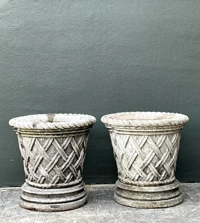 Vintage Cast Concrete Trellis Planters on Pedestals - A Pair — additional photo 2