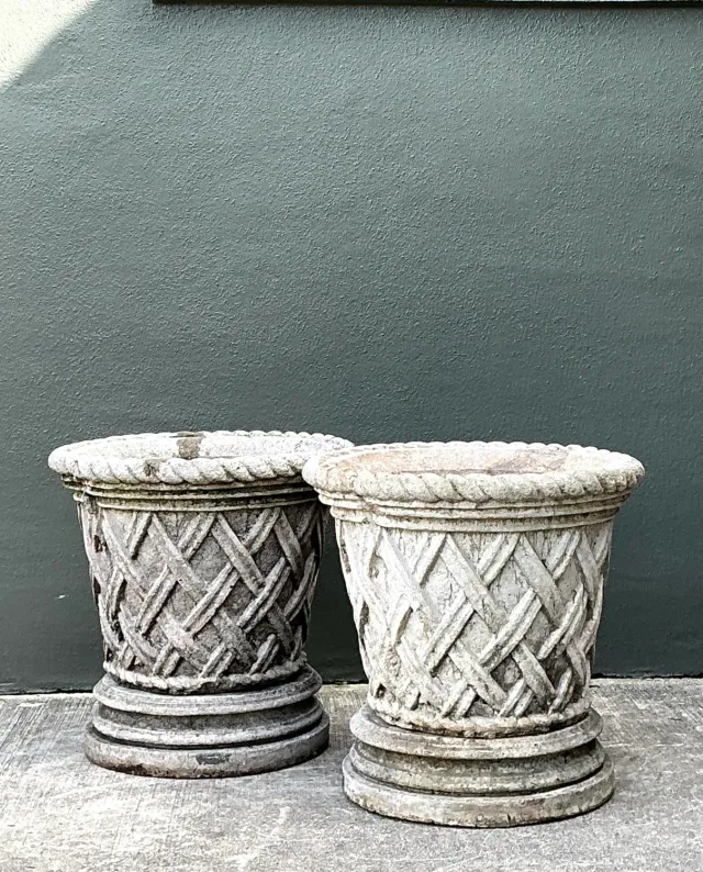 Vintage Cast Concrete Trellis Planters on Pedestals - A Pair — additional photo 4