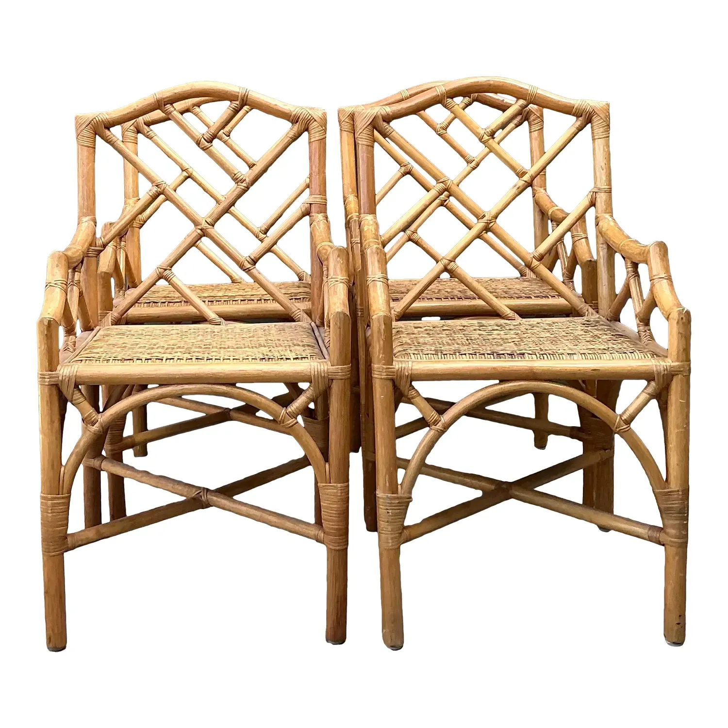 Vintage Chinese Chippendale Rattan Dining Chairs - Set of 4