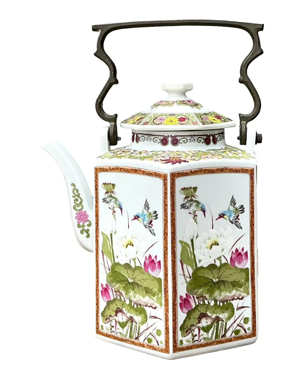 Vintage Chinoiserie Glazed Ceramic Botanical Tea Pot