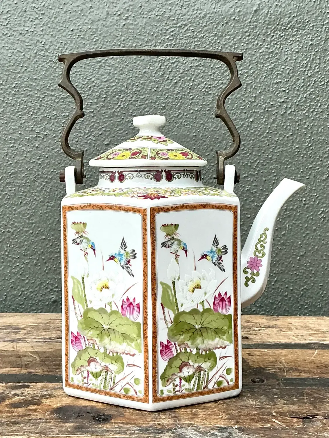 Vintage Chinoiserie Glazed Ceramic Botanical Tea Pot — additional photo 1