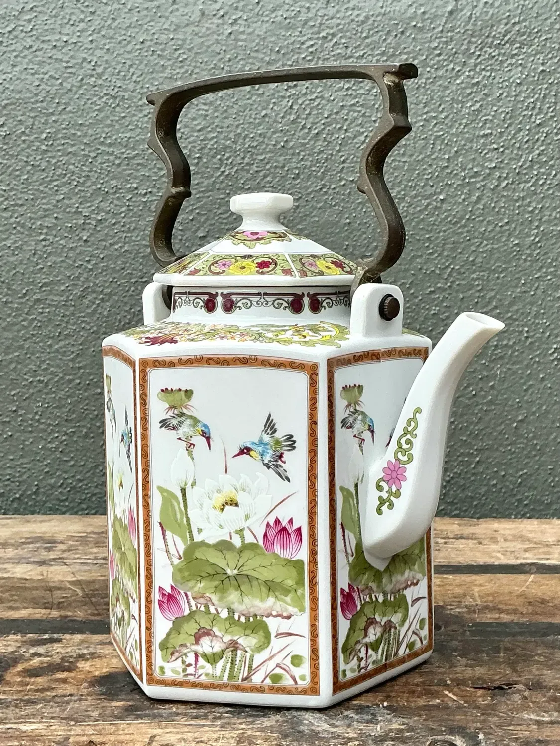 Vintage Chinoiserie Glazed Ceramic Botanical Tea Pot — additional photo 3