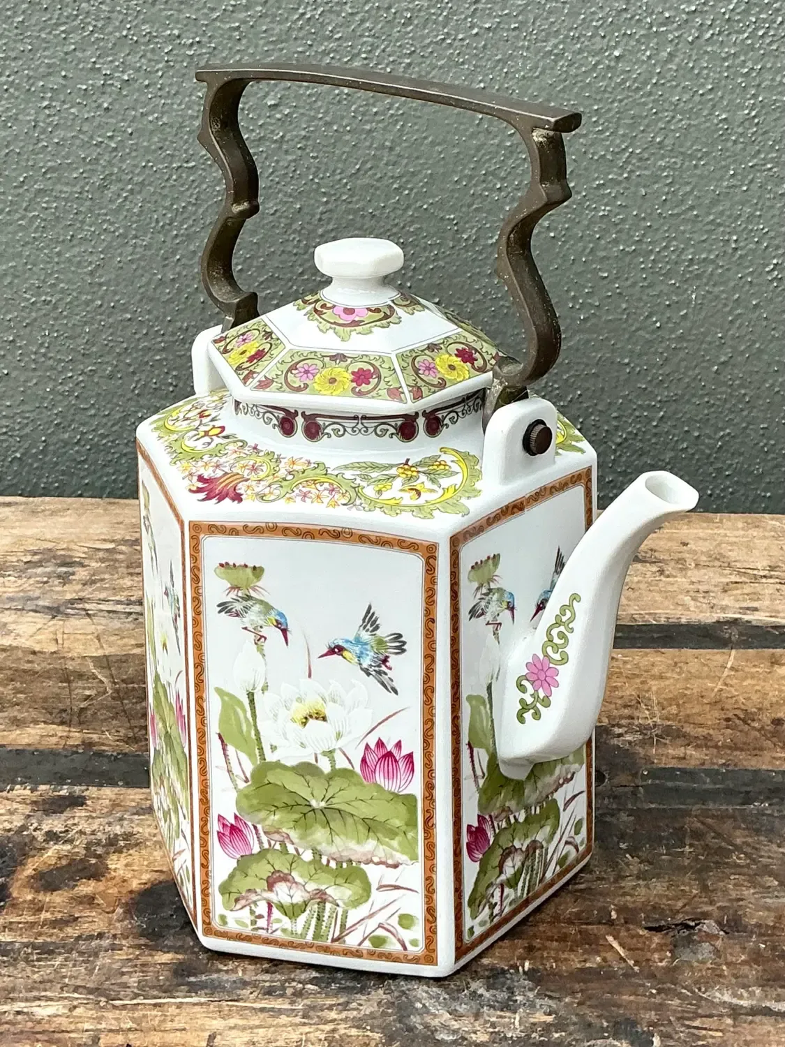 Vintage Chinoiserie Glazed Ceramic Botanical Tea Pot — additional photo 4