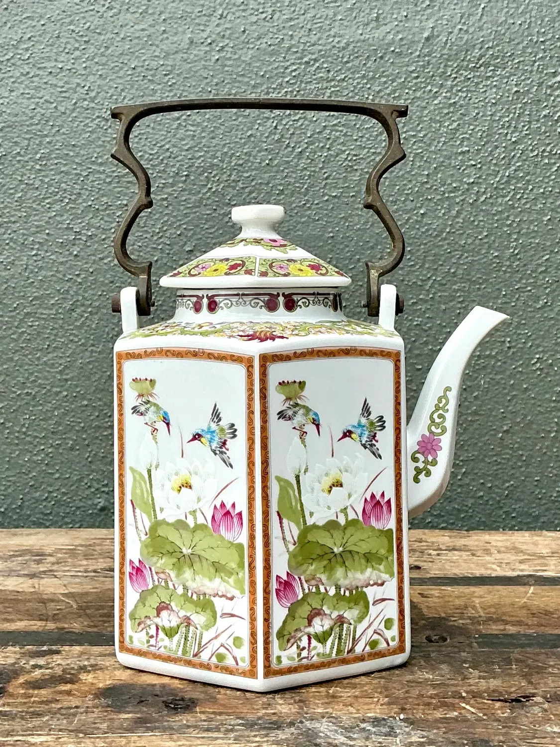 Vintage Chinoiserie Glazed Ceramic Botanical Tea Pot — additional photo 5