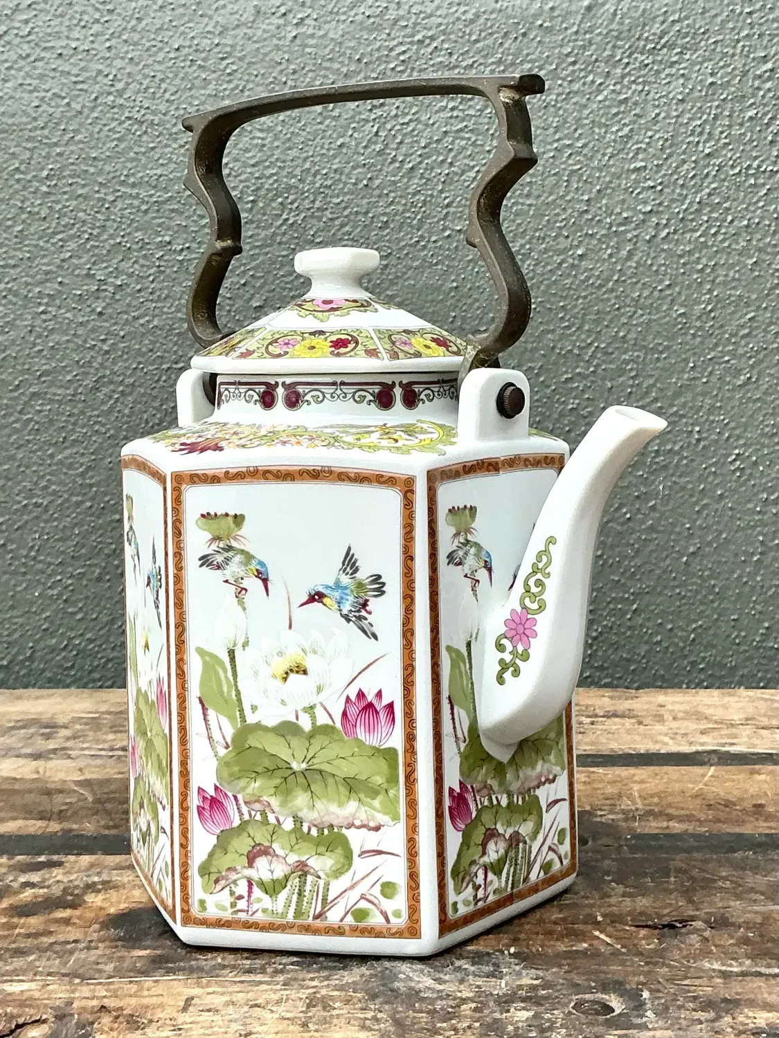 Vintage Chinoiserie Glazed Ceramic Botanical Tea Pot — additional photo 6