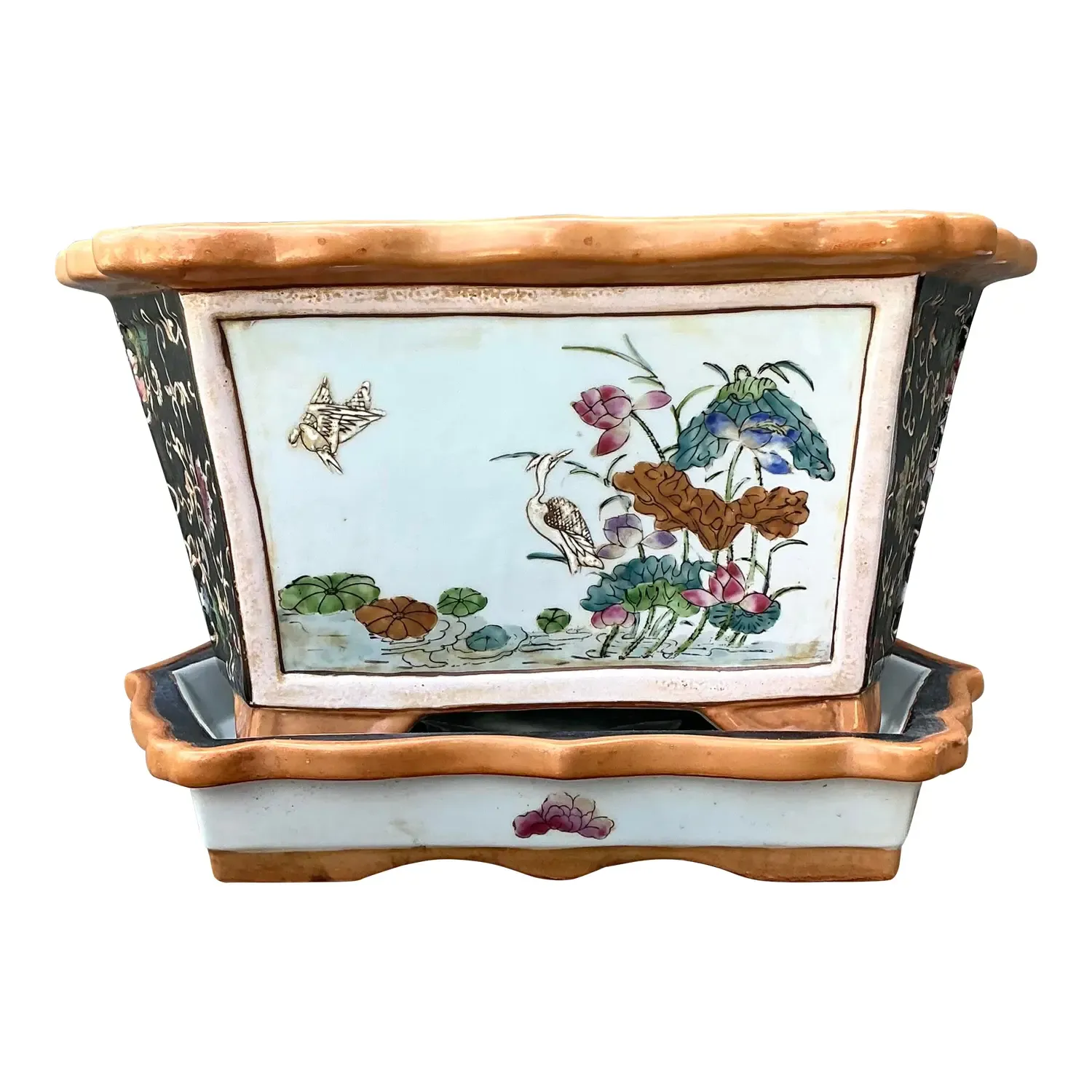 Vintage Chinoiserie Glazed Ceramic Planter