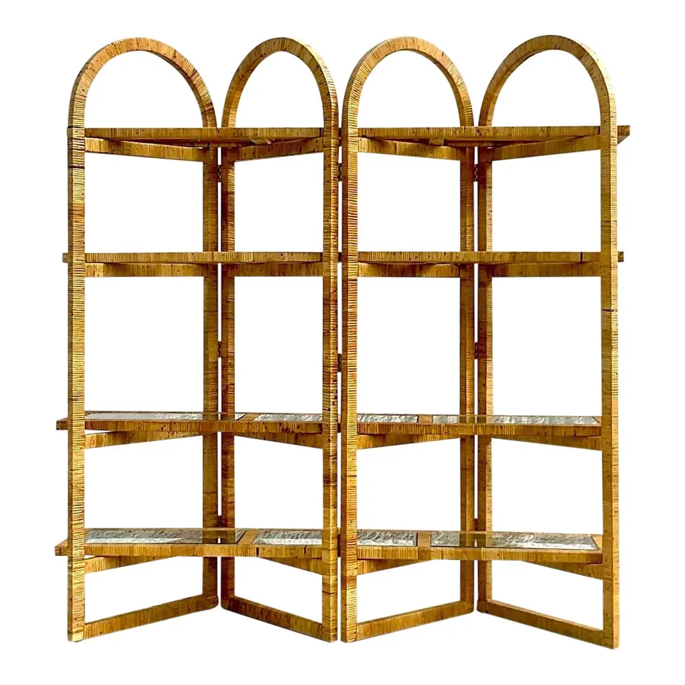 Vintage Coastal Arched Folding Rattan Etagere — additional photo 1