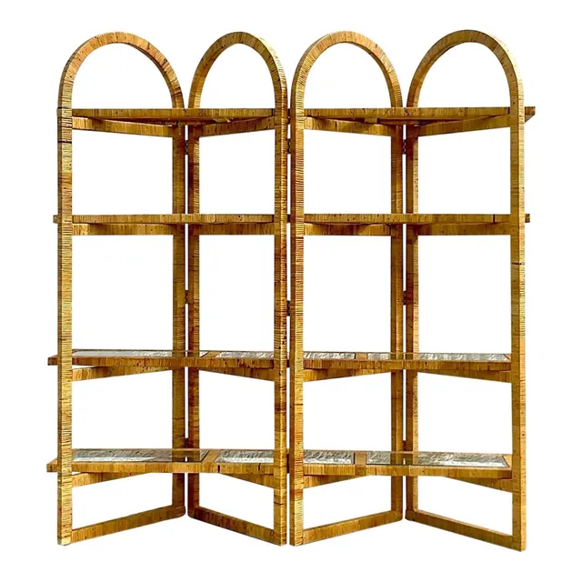 Vintage Coastal Arched Folding Rattan Etagere — additional photo 1