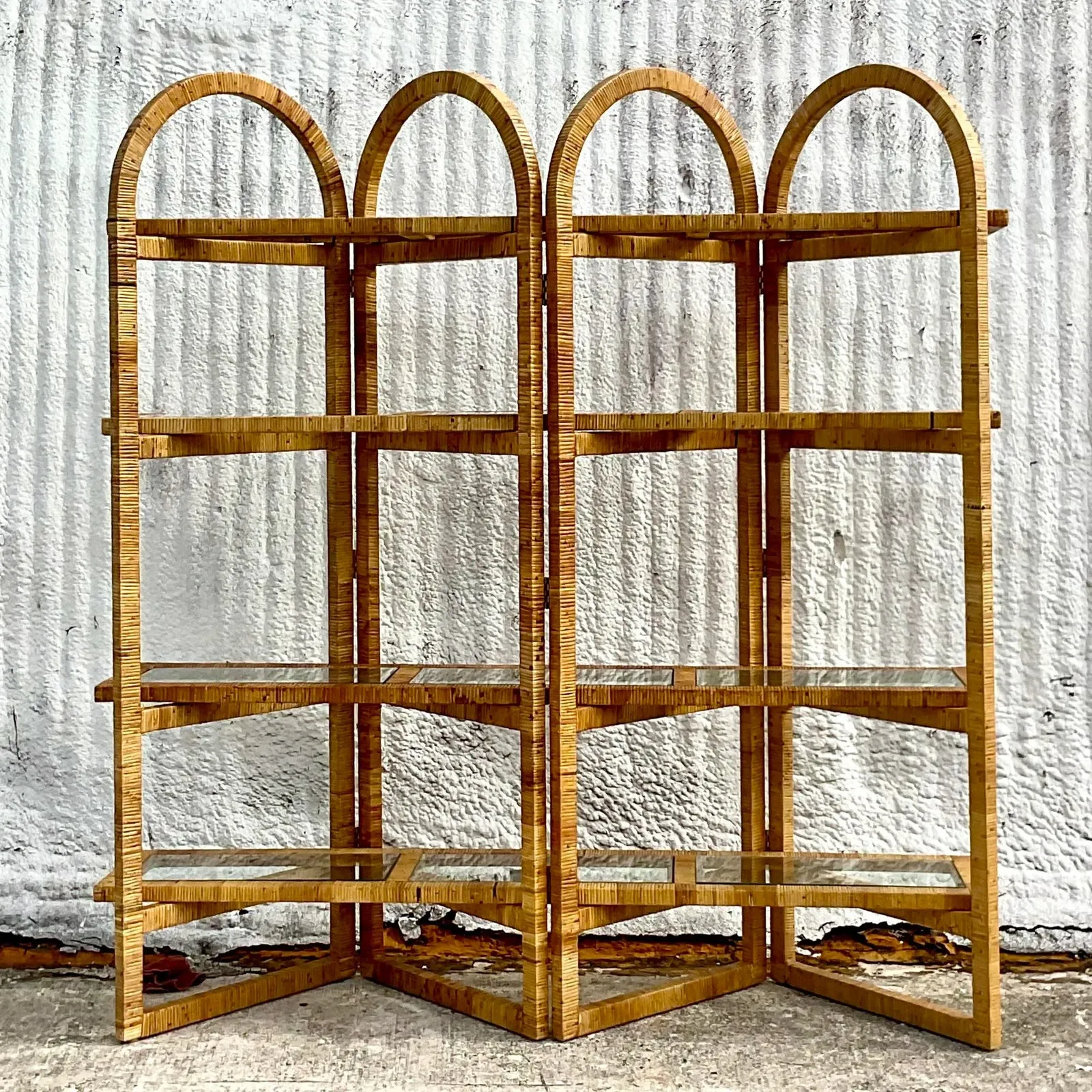 Vintage Coastal Arched Folding Rattan Etagere — additional photo 3