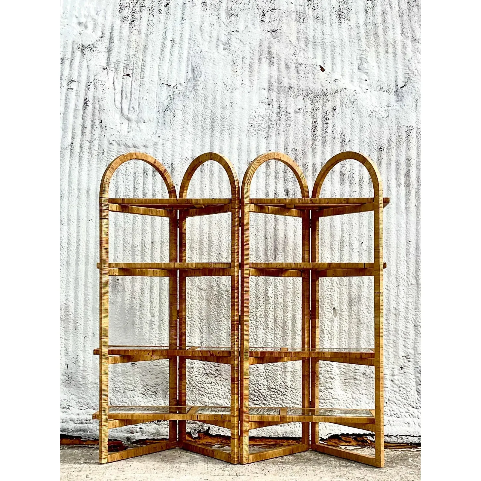 Vintage Coastal Arched Folding Rattan Etagere — additional photo 4