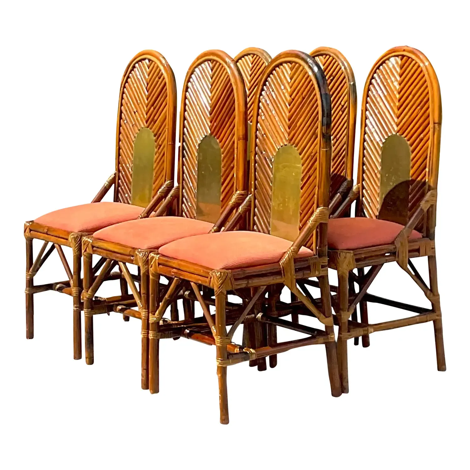Vintage Coastal Arched Rattan and Brass Dining Chairs After Vivai Del Sud - Set