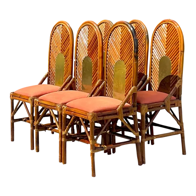 Vintage Coastal Arched Rattan and Brass Dining Chairs After Vivai Del Sud - Set — additional photo 2