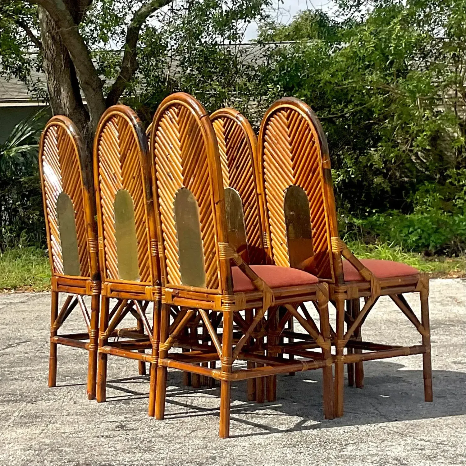 Vintage Coastal Arched Rattan and Brass Dining Chairs After Vivai Del Sud - Set — additional photo 3