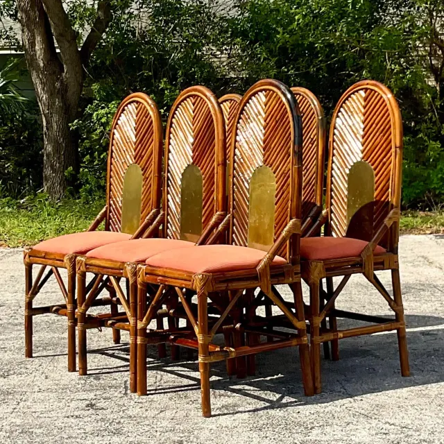 Vintage Coastal Arched Rattan and Brass Dining Chairs After Vivai Del Sud - Set — additional photo 4