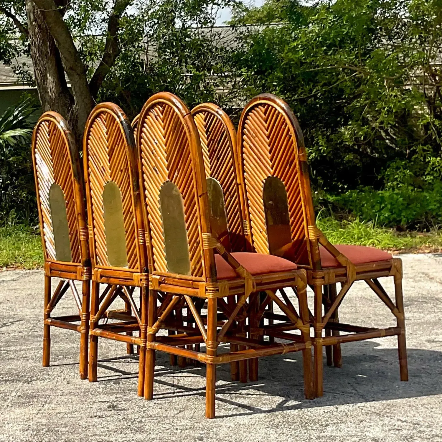 Vintage Coastal Arched Rattan and Brass Dining Chairs After Vivai Del Sud - Set — additional photo 5