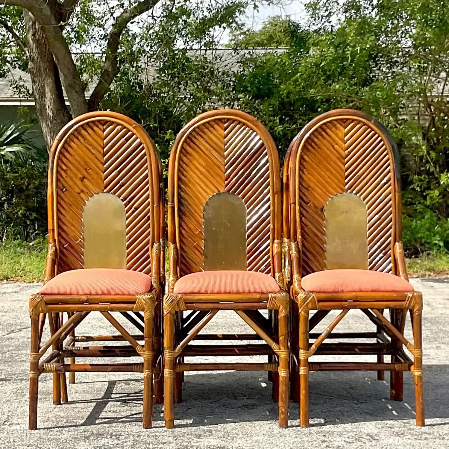 Vintage Coastal Arched Rattan and Brass Dining Chairs After Vivai Del Sud - Set — additional photo 6