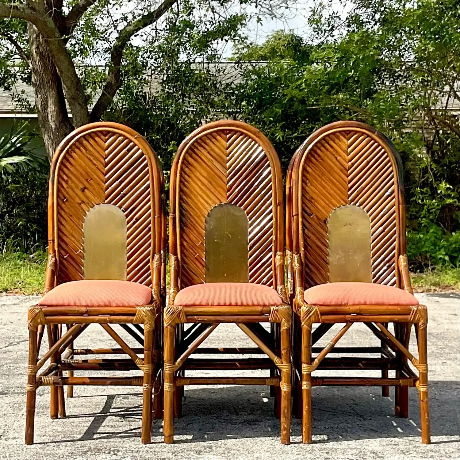 Vintage Coastal Arched Rattan and Brass Dining Chairs After Vivai Del Sud - Set — additional photo 7