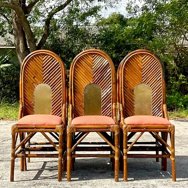 Vintage Coastal Arched Rattan and Brass Dining Chairs After Vivai Del Sud - Set — additional photo 7