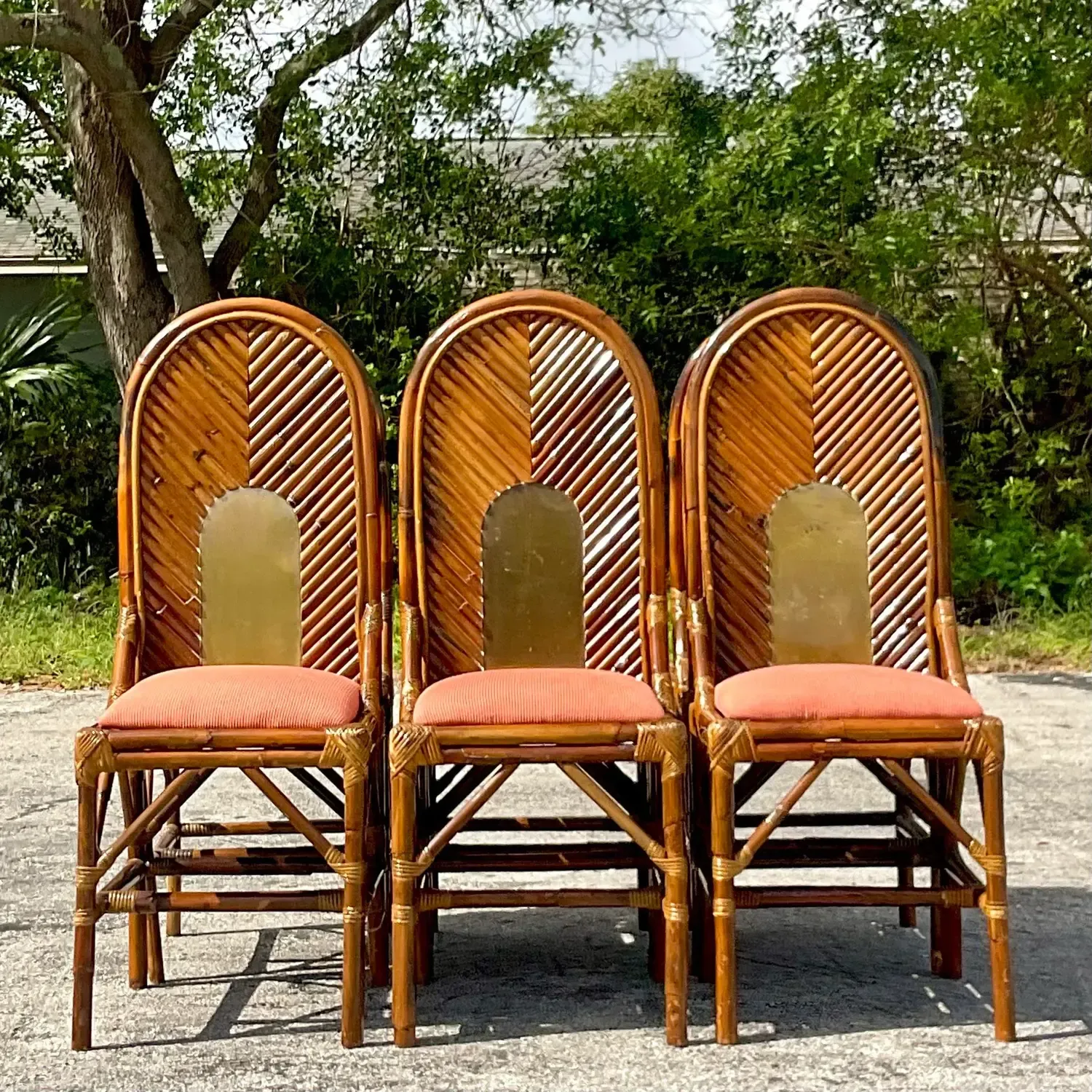 Vintage Coastal Arched Rattan and Brass Dining Chairs After Vivai Del Sud - Set — additional photo 8