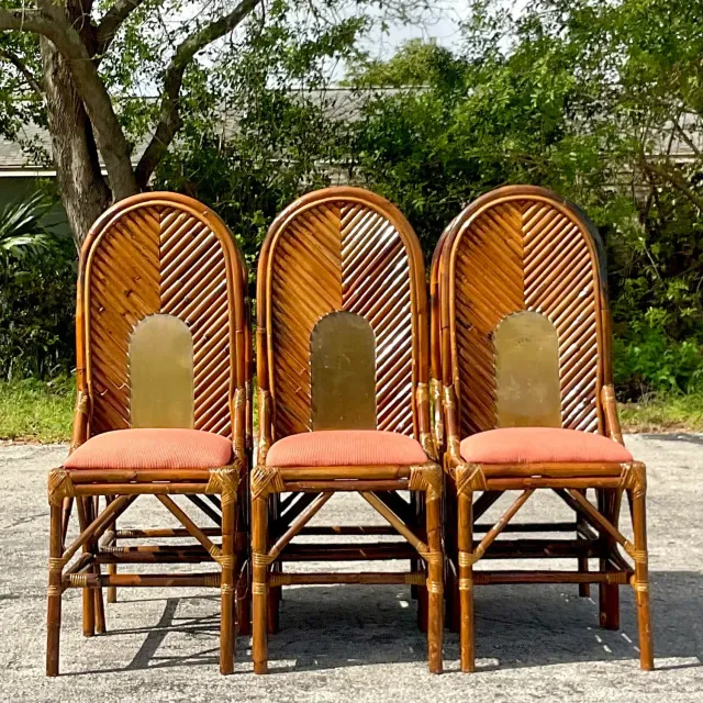 Vintage Coastal Arched Rattan and Brass Dining Chairs After Vivai Del Sud - Set — additional photo 8