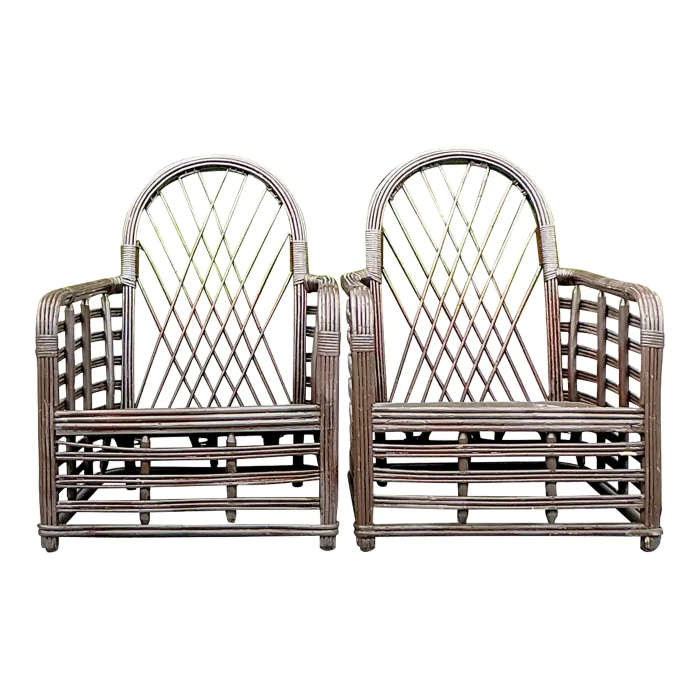 Vintage Coastal Arched Rattan Lounge Chairs - a Pair