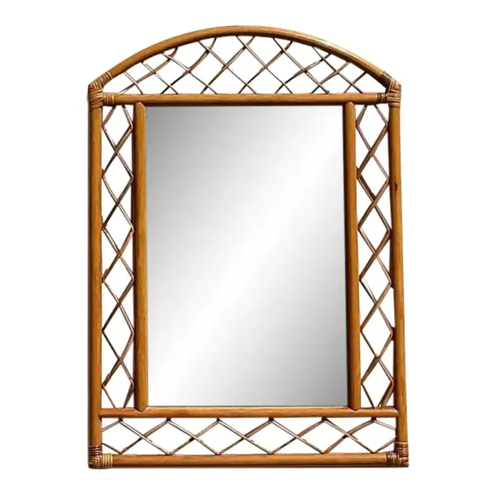 Vintage Coastal Arched Rattan Trellis Wall Mirror