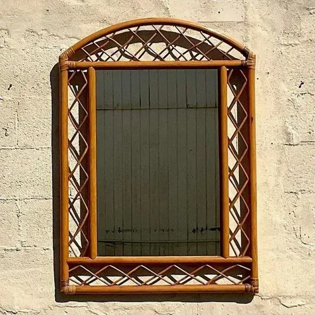 Vintage Coastal Arched Rattan Trellis Wall Mirror — additional photo 3