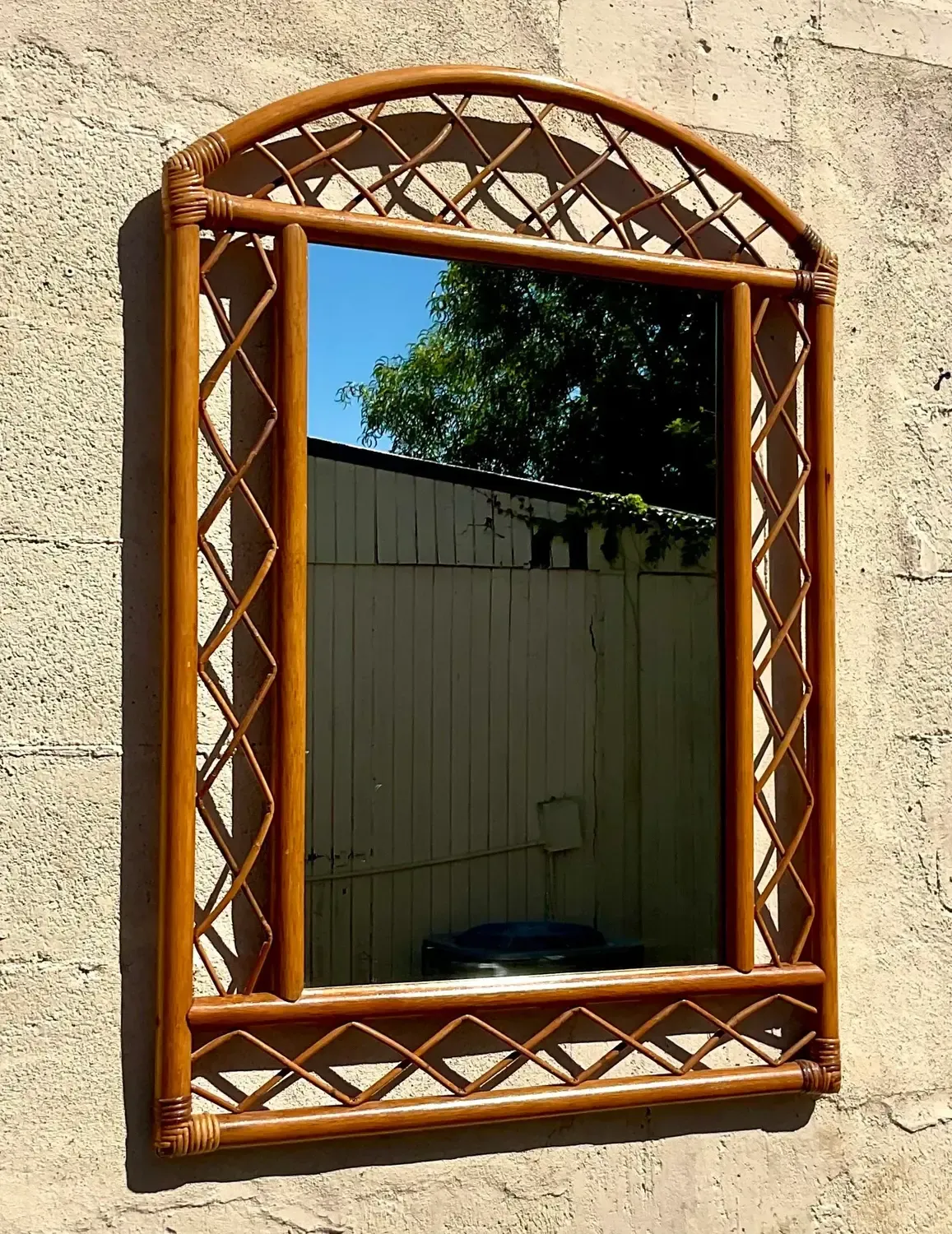 Vintage Coastal Arched Rattan Trellis Wall Mirror — additional photo 5