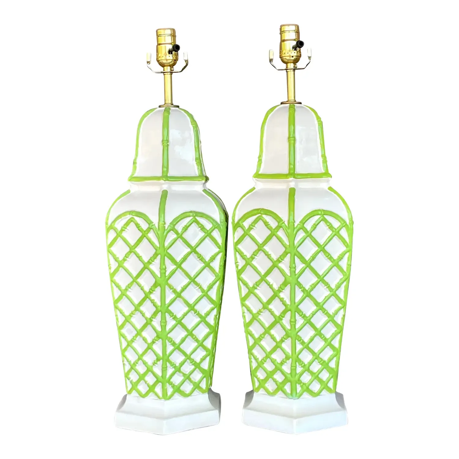 Vintage Coastal Bamboo Trellis Glazed Ceramic Lamps - a Pair