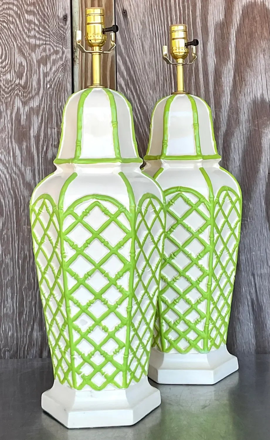 Vintage Coastal Bamboo Trellis Glazed Ceramic Lamps - a Pair — additional photo 2