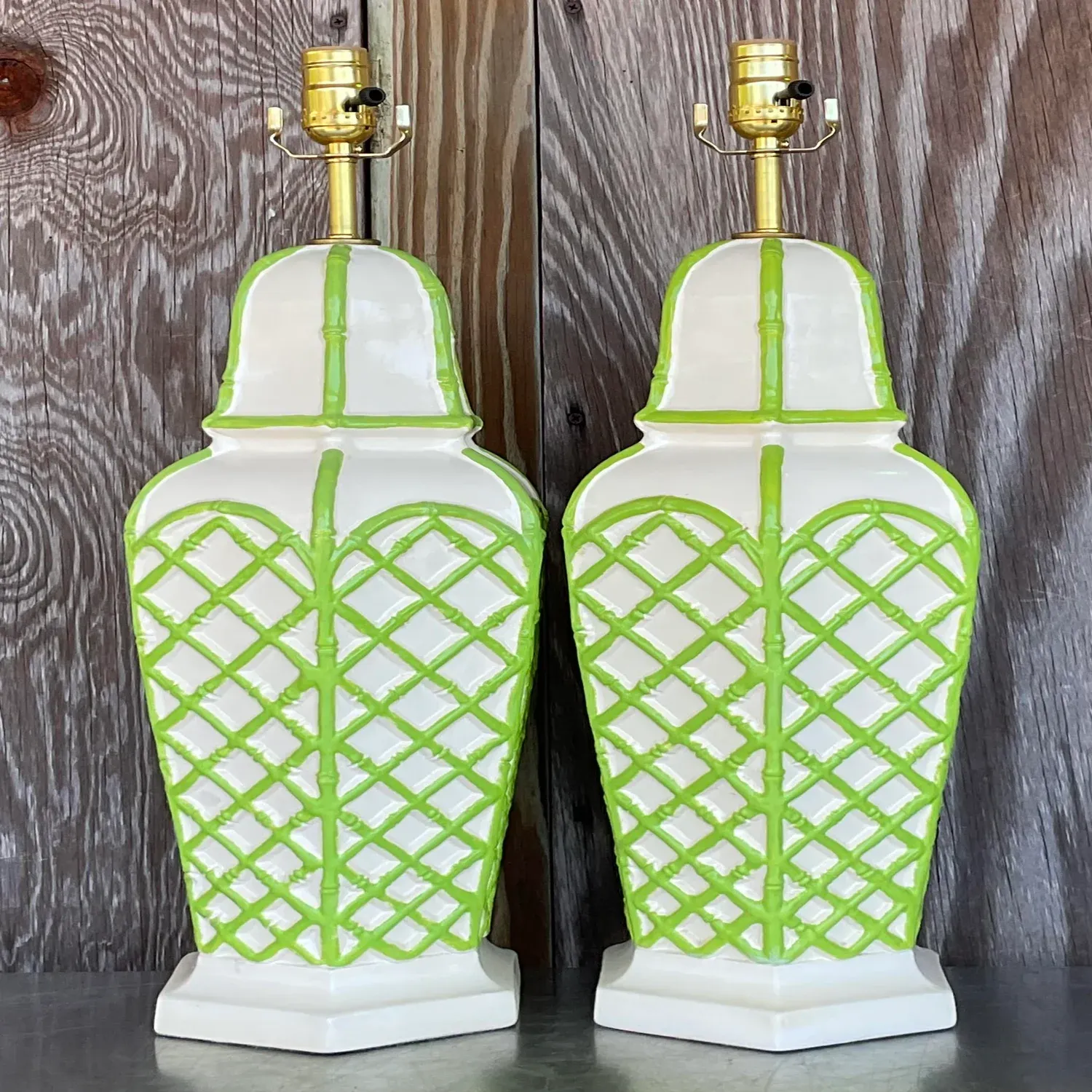 Vintage Coastal Bamboo Trellis Glazed Ceramic Lamps - a Pair — additional photo 3