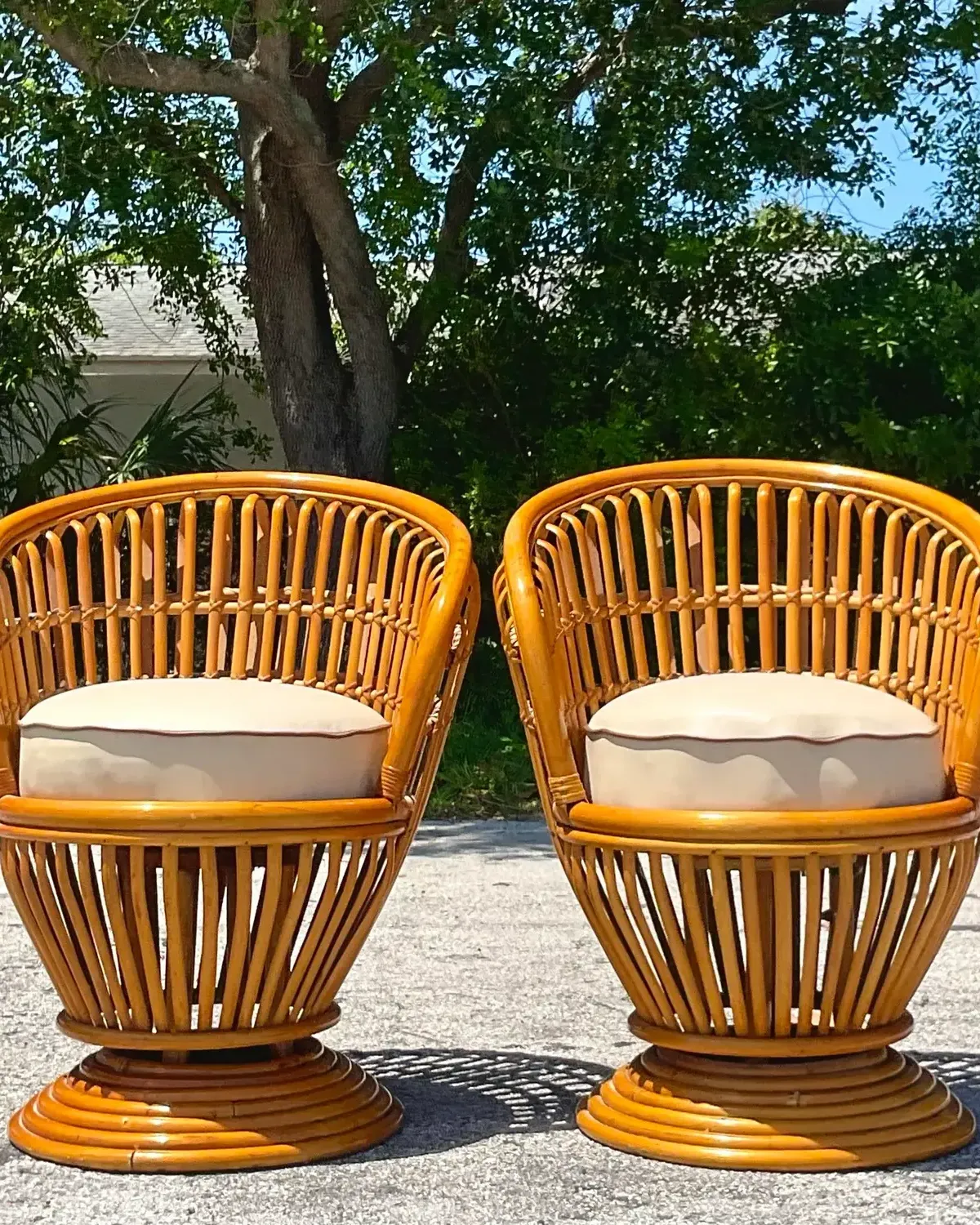 Vintage Coastal Bent Pretzel Rattan Swivel Chairs After Albini - a Pair