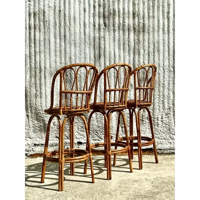 Vintage Coastal Bent Rattan Bar Stools - Set of 3 — additional photo 1