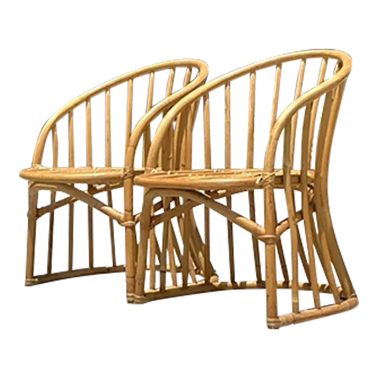 Vintage Coastal Bent Rattan Lounge Chairs - a Pair