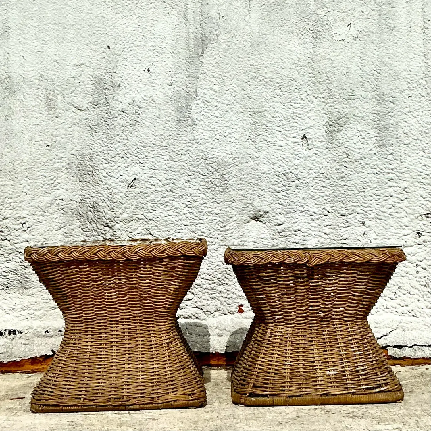 Vintage Coastal Braided Rattan Side Tables - Set of 2