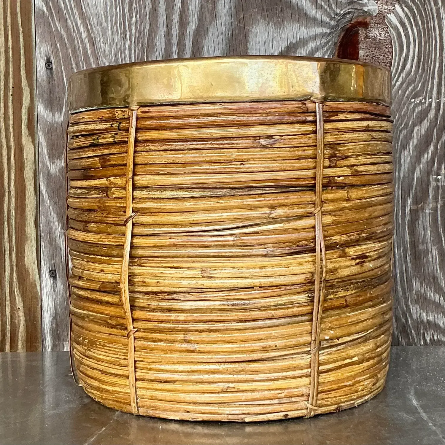 Vintage Coastal Brass and Reed Planter — additional photo 1