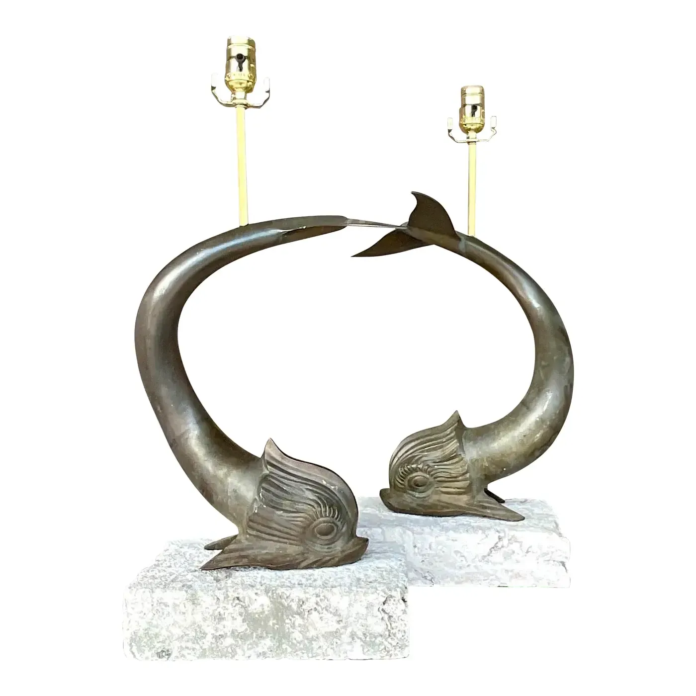 Vintage Coastal Bronze Koi Fish on Coquina Slab Lamps - a Pair