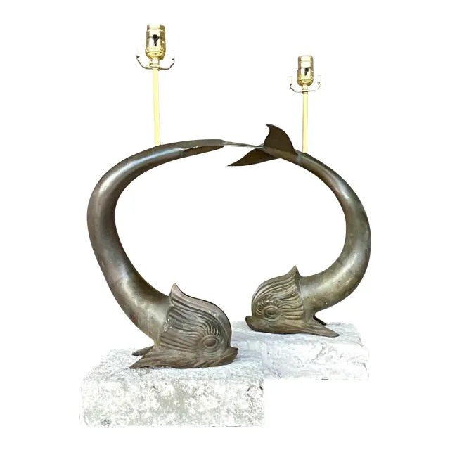 Vintage Coastal Bronze Koi Fish on Coquina Slab Lamps - a Pair — additional photo 1
