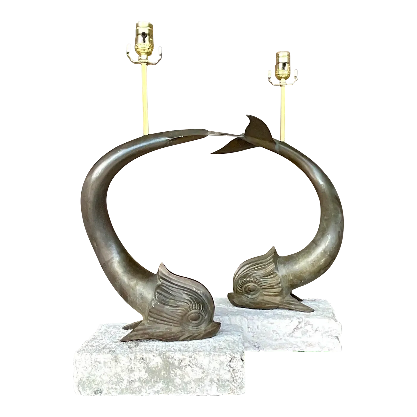 Vintage Coastal Bronze Koi Fish on Coquina Slab Lamps - a Pair — additional photo 2