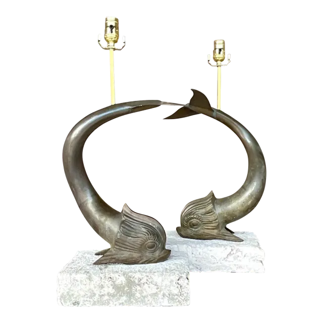 Vintage Coastal Bronze Koi Fish on Coquina Slab Lamps - a Pair — additional photo 2